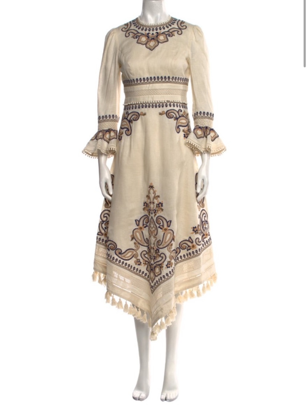 Zimmermann cream Embroidered Boho Midi Dress with Tassel Hem Grecian dress